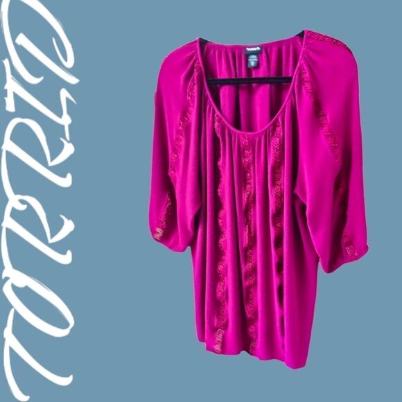 TORRID Plus Size Crochet Inset Eminence Purple Peasant Blouse 1X - Picture 1 of 11